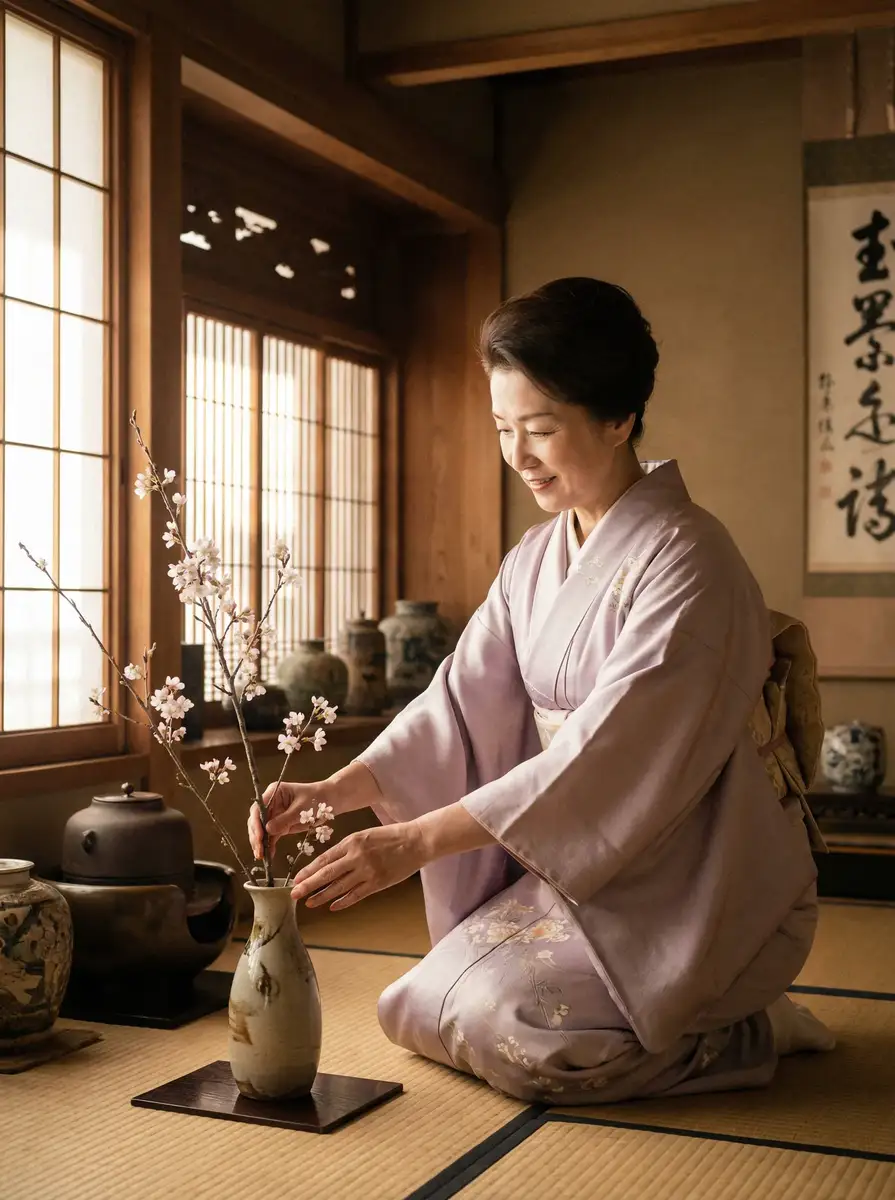 一位优雅的 奇异果官网 在和室中插花